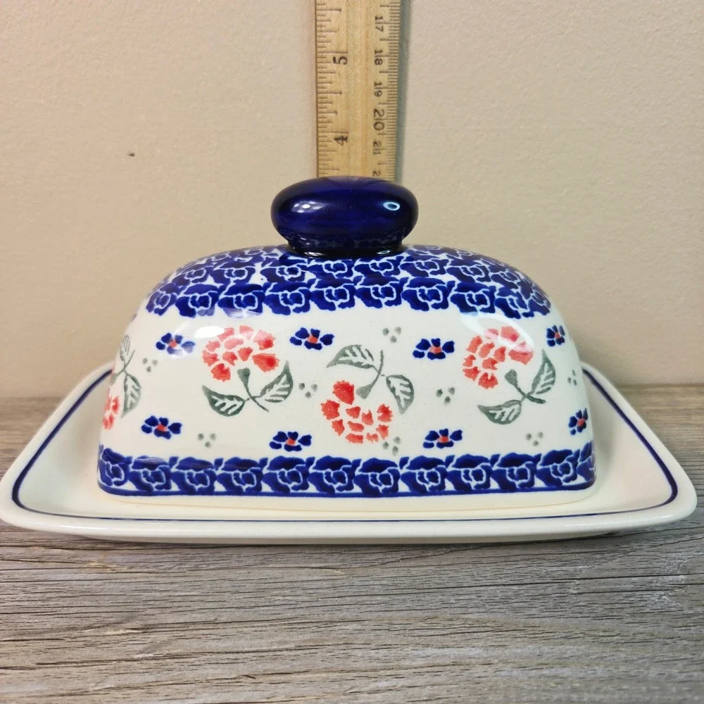 Boleslawiec Polish Pottery Butter Dish Covered Tray Floral Blue Red Hand Made 95